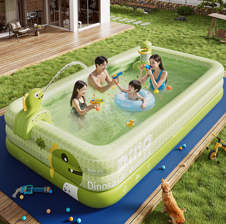 Inflatable Swimming Pool 300×175×56cm with Canopy & Dinosaur Spray – Kids Outdoor Water Play Set for Backyard, Garden, Summer Fun (Green)