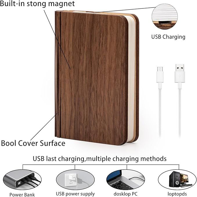 Christmas giftsRechargeable LED Book Night Light: Creative Folding Wooden Lamp with Magnetic Design for Bedrooms & Gifting(Walnut Red,XL)