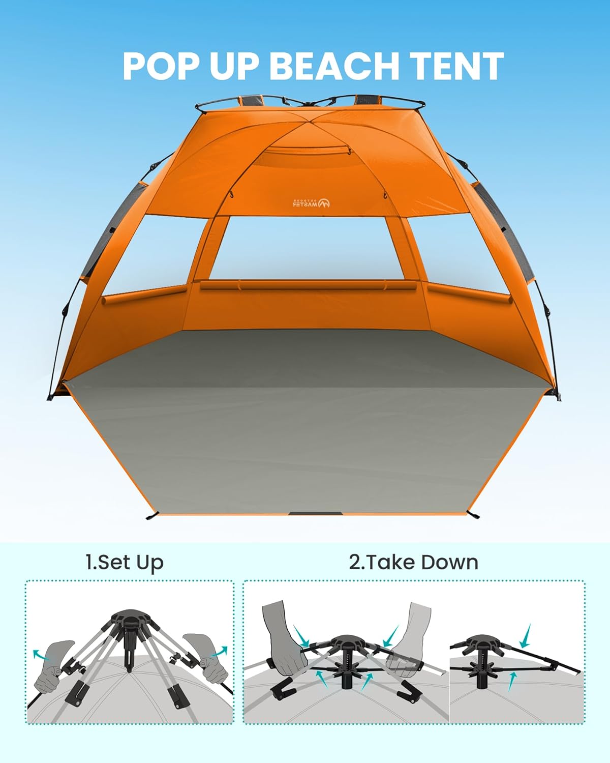 OutdoorMaster Pop Up 3-4 Person Beach Tent X-Large - Easy Setup, Portable Beach Shade Canopy Folding Sun Shelter with UPF 50+ UV Protection Removable Skylight Family Size (Orange)