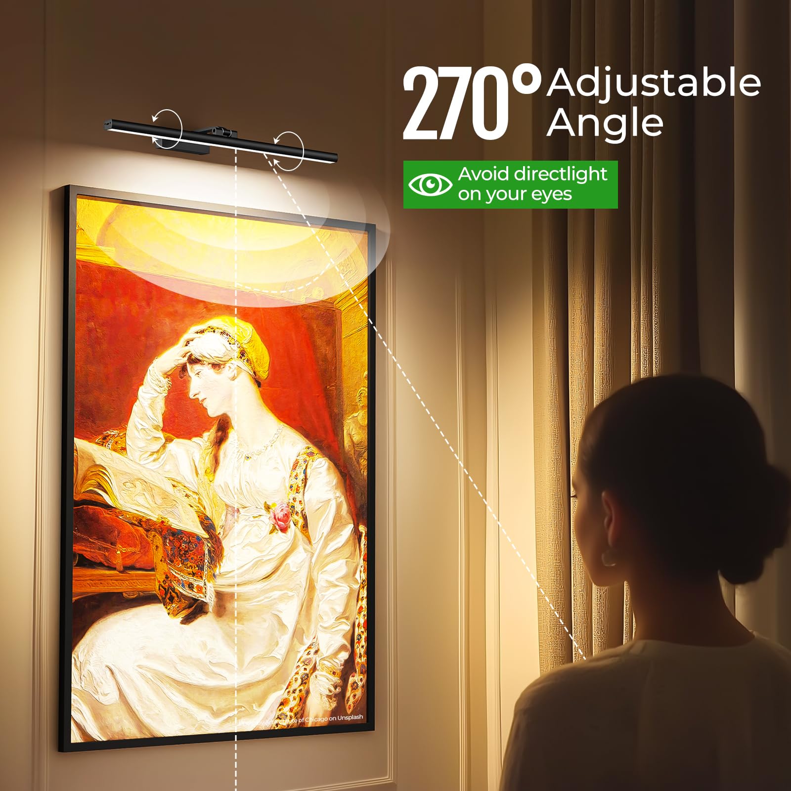Wireless Picture Lights for Wall, Battery Operated Wall Light for Painting Rechargeable CCT Rotatable Art Gallery Light with Remote Dimmable Timer for Artwork Frame Display Dartboard (Black, 16inch)
