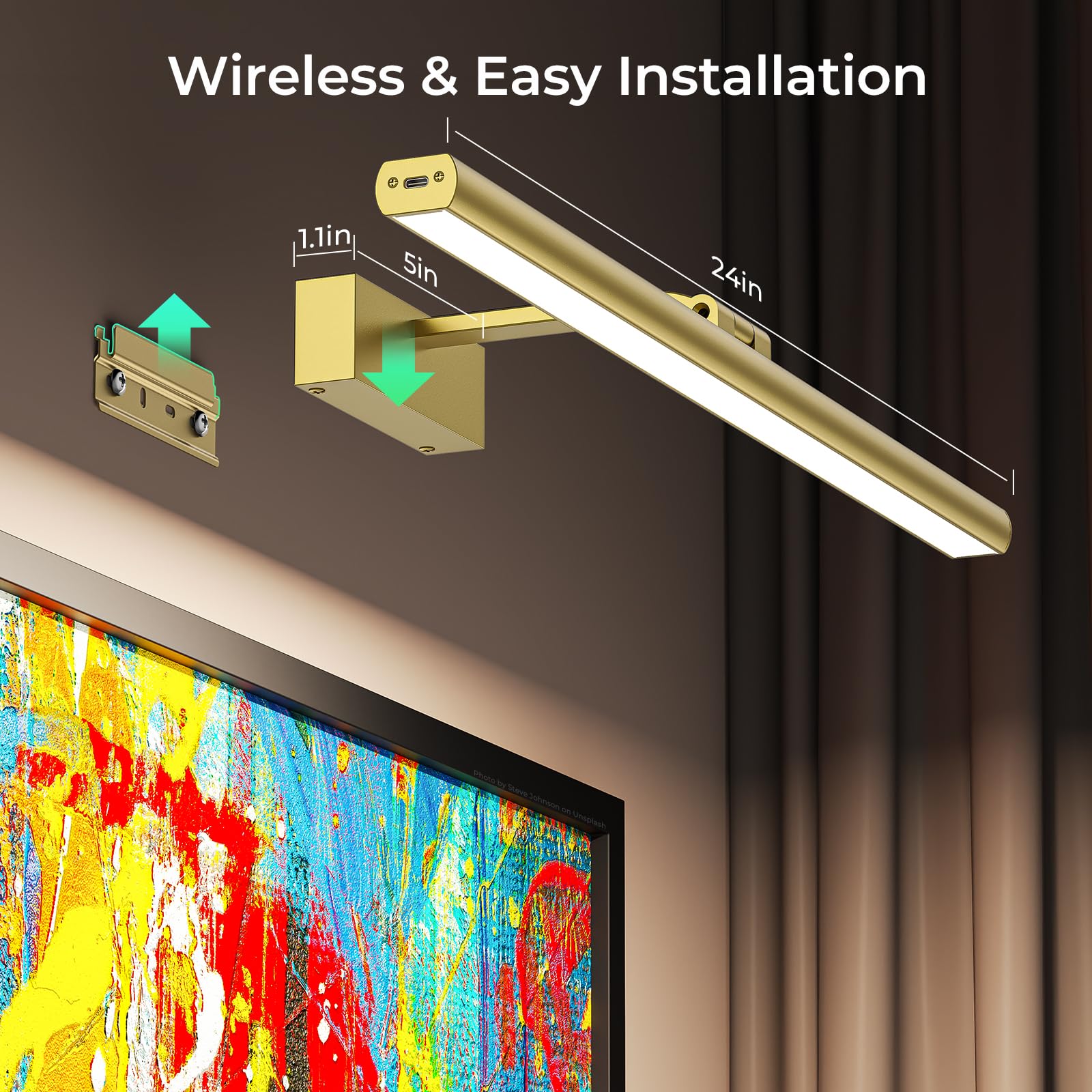 Wireless Picture Lights for Wall, Battery Operated Wall Light for Painting Rechargeable CCT Rotatable Art Gallery Light with Remote Dimmable Timer for Artwork Frame Display Dartboard (Gold, 24inch)