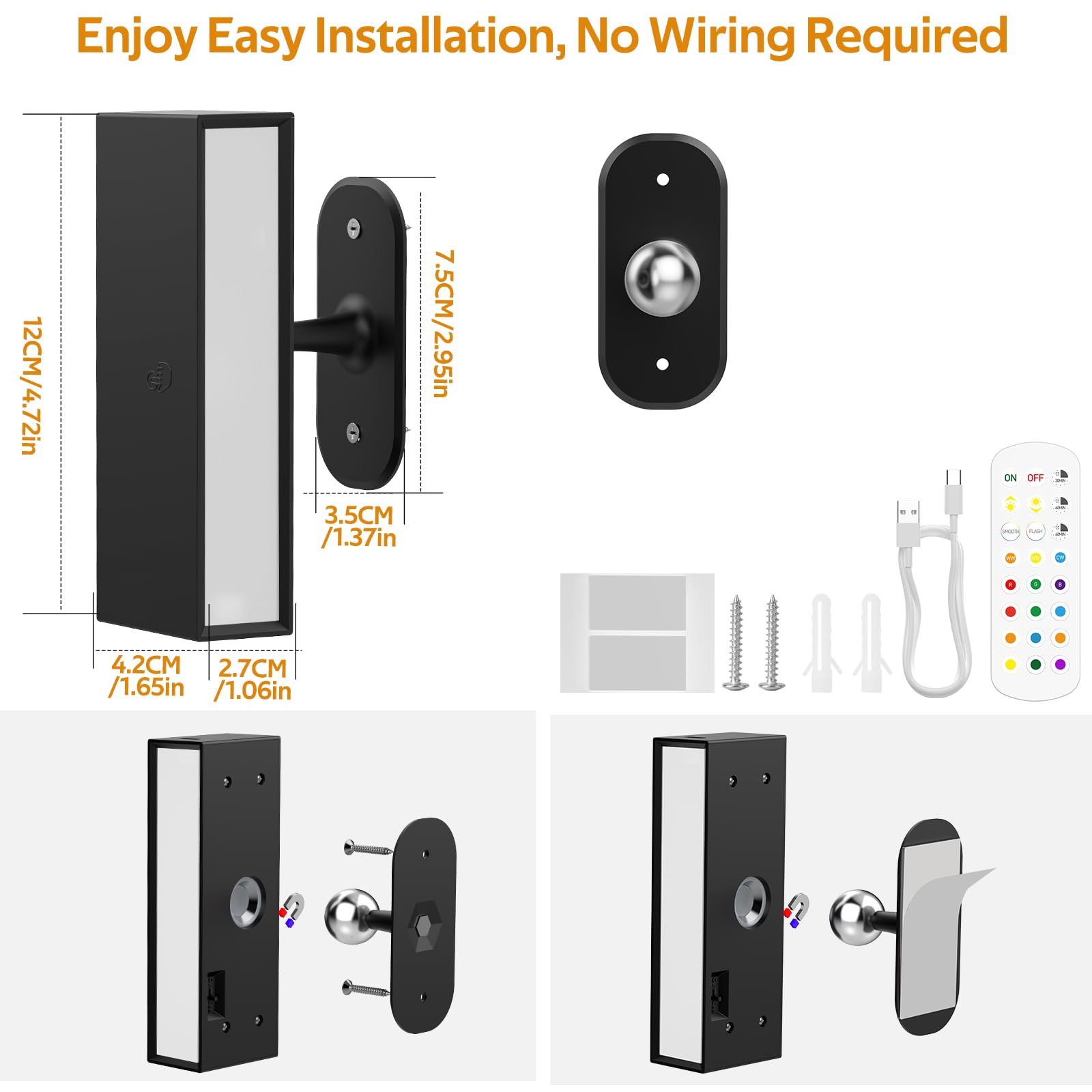 LED Wall Lights 2 Pack with Remote,Wall Sconces Lamp 3000mAh Rechargeable Battery Operated,3 Color Temperatures & 12 RGB Dimmable Magnetic 360° Rotation Cordless Light (Black)