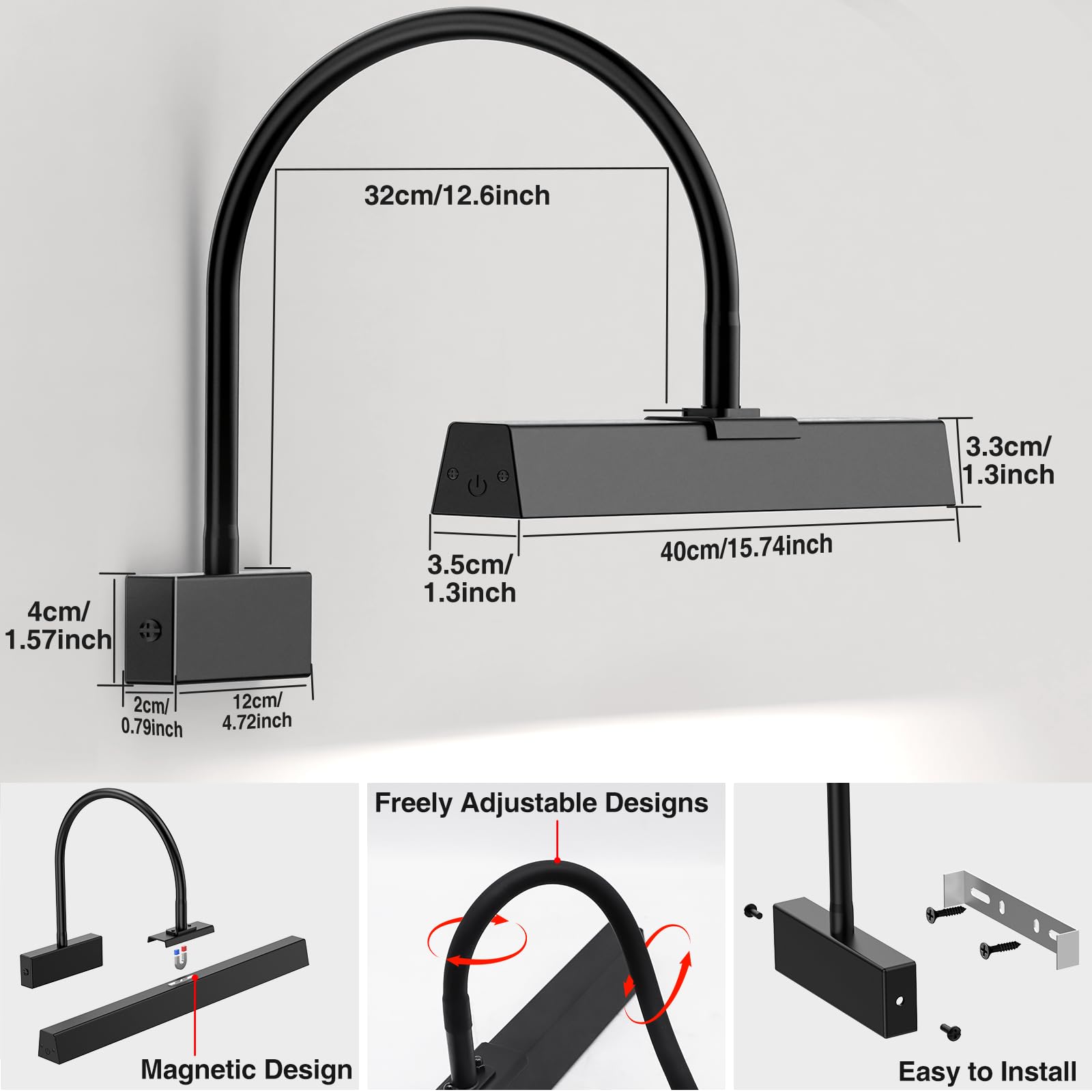 Picture Frame Light with Remote, Wireless 16 Inch Black Art Light, Battery Operated Picture Light with 3 CCT, Dimmable and Timer Wall Picture Lights for Painting, Wall, Gallery, Artwork, Frame