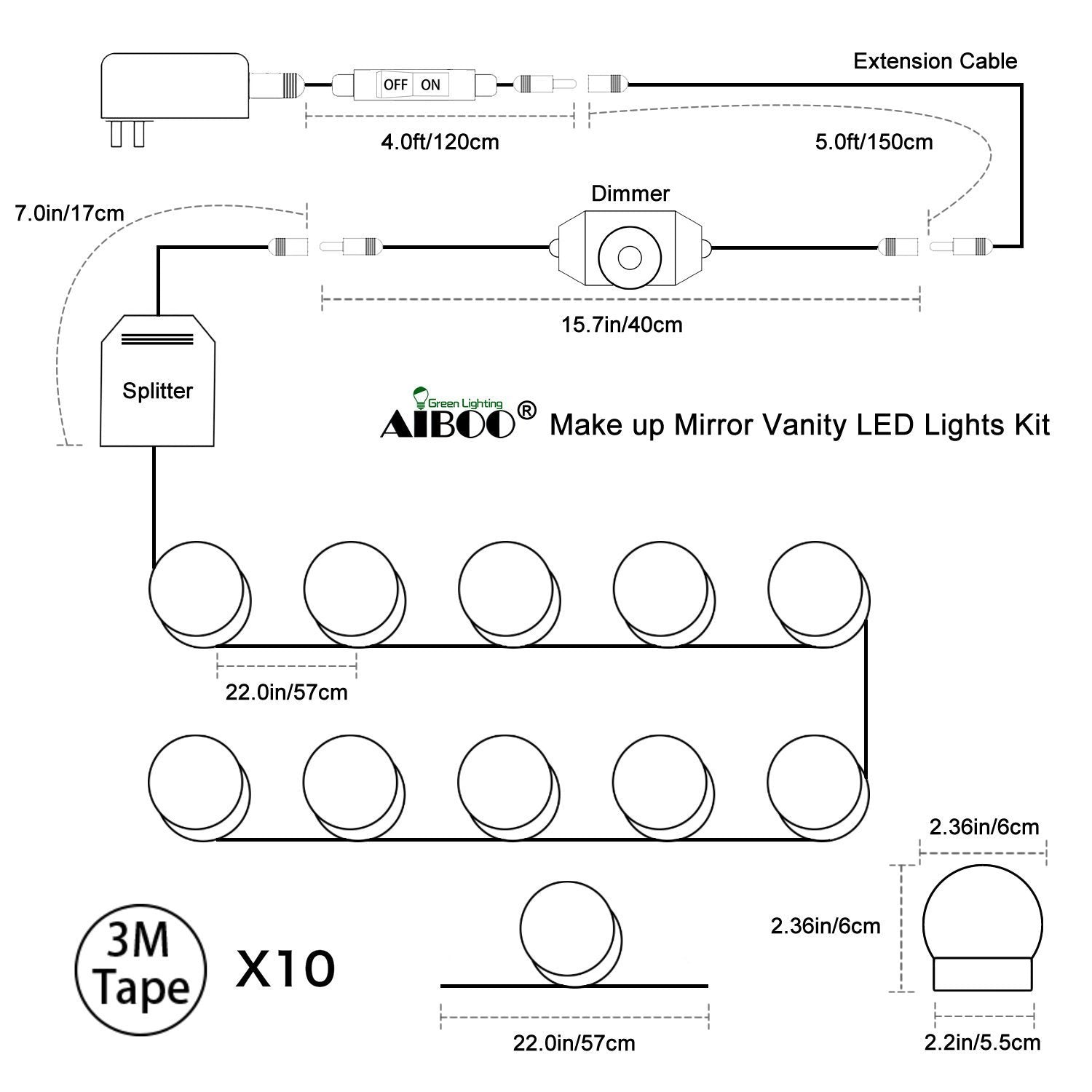 Hollywood Super Star Style Makeup Mirror Vanity LED Light Bulbs Kit for Dressing Table Dimmable & Plug in, Linkable and Flexible Strip, Mirror Not Included