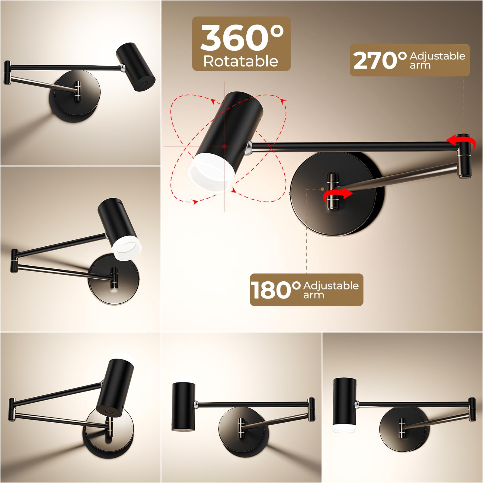 Battery Operated Wall Sconces Set of 2, Swing Arm Wall Lamp with Remote Control, Not Hardwired Led Wall Lamp Fixtures Dimmable Wall Light Decor for Bedroom Reading Living Room