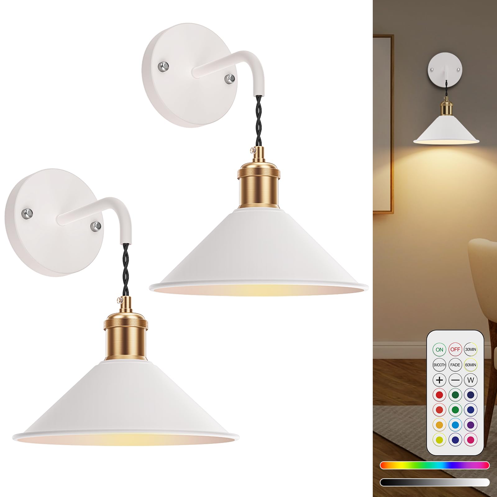 Battery Operated Wall Sconce, Wireless Wall Lights Set of 2, 13 RGB Colors Dimmable Battery Powered Wall Lamp with Remote, Memory Function, Timer for Bedroom, Living Room
