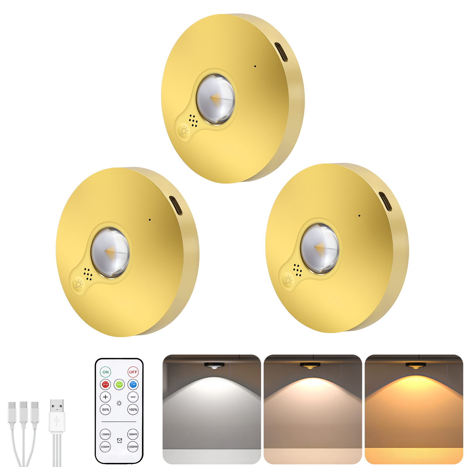 3 Lights LED Rechargeable Slim Cabinet Light, 2cm, Remote Control, Magnetic Mount