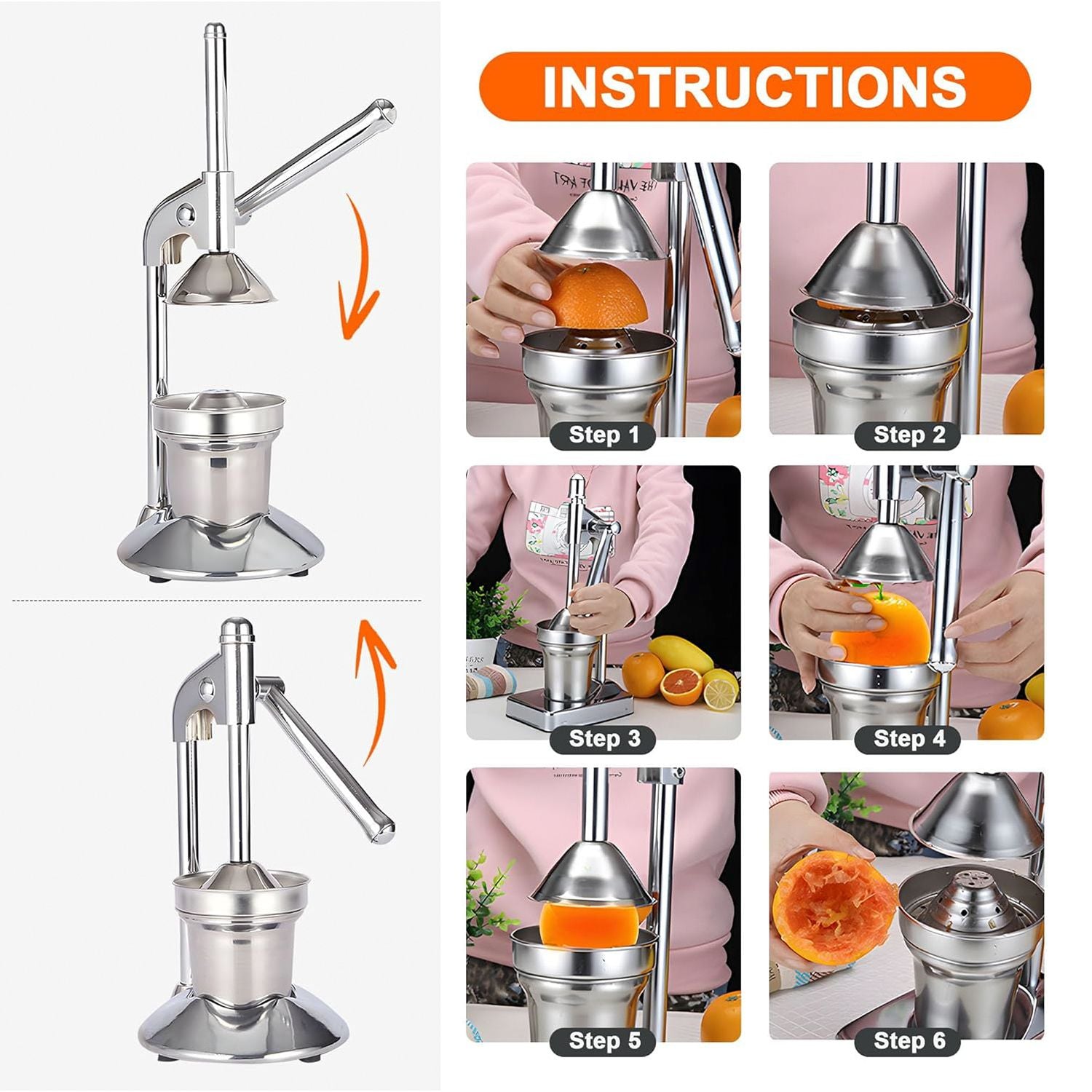 Manual Juicer Press | Stainless Steel, Commercial Grade & Easy to Clean, Hand Press for Citrus/Orange, Professional Fruit Squeezer, Silver Bedworld