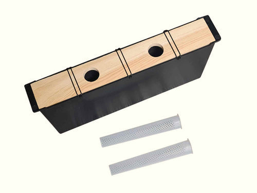 Large beehive frame feeder with light wood top plate and two access holes, black body