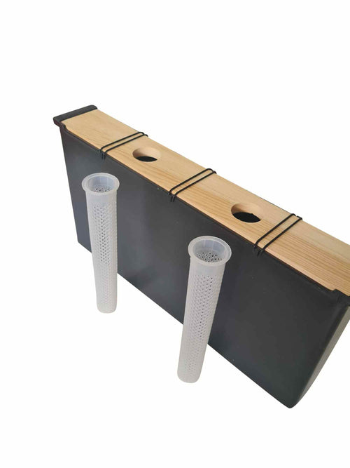 Large beehive frame feeder with wood top plate, two circular holes, black body and mesh cups