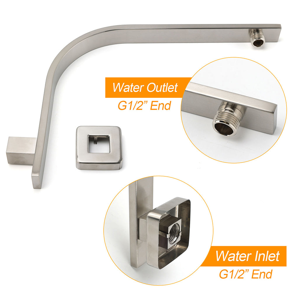 Brushed Nickel Silver Square 8" Rain Shower Head & Brass Gooseneck Wall Arm Set