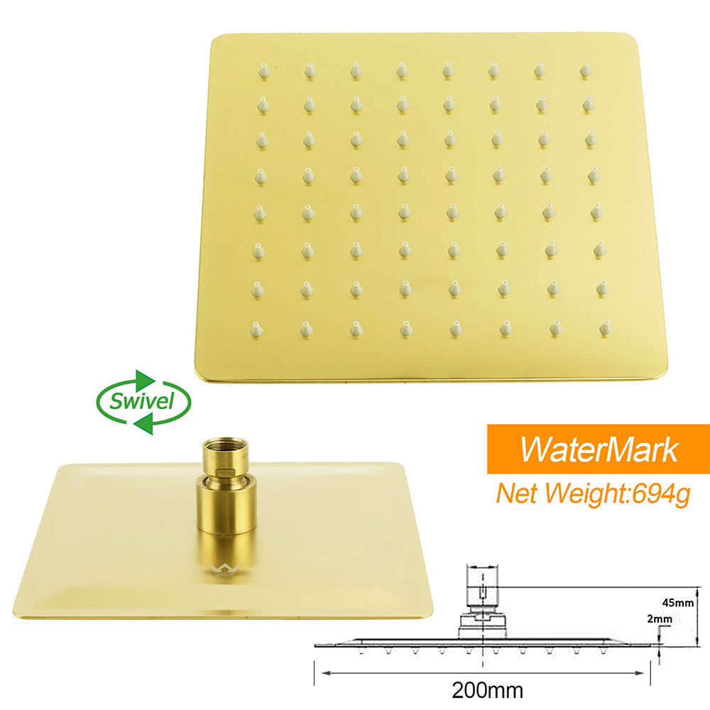 WELS Brushed Gold Twin Shower 8" Rain Head Handheld Diverter Wall Arm Square Taps
