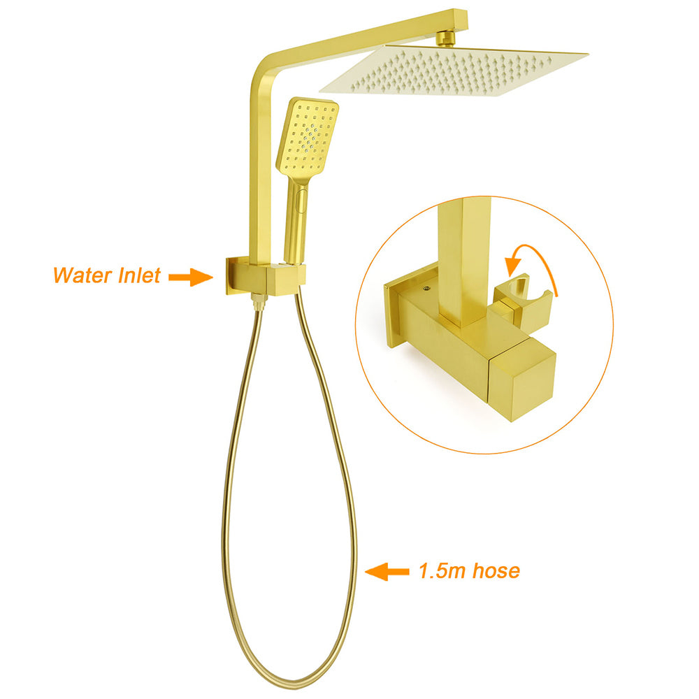 Brushed Gold Twin Shower 10" Rain Head Handheld Diverter Wall Arm Set Square