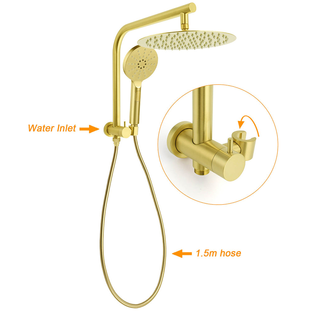 Brushed Gold Round 12" Rain Shower Head 3 Mode Handheld Diverter Wall Arm Set