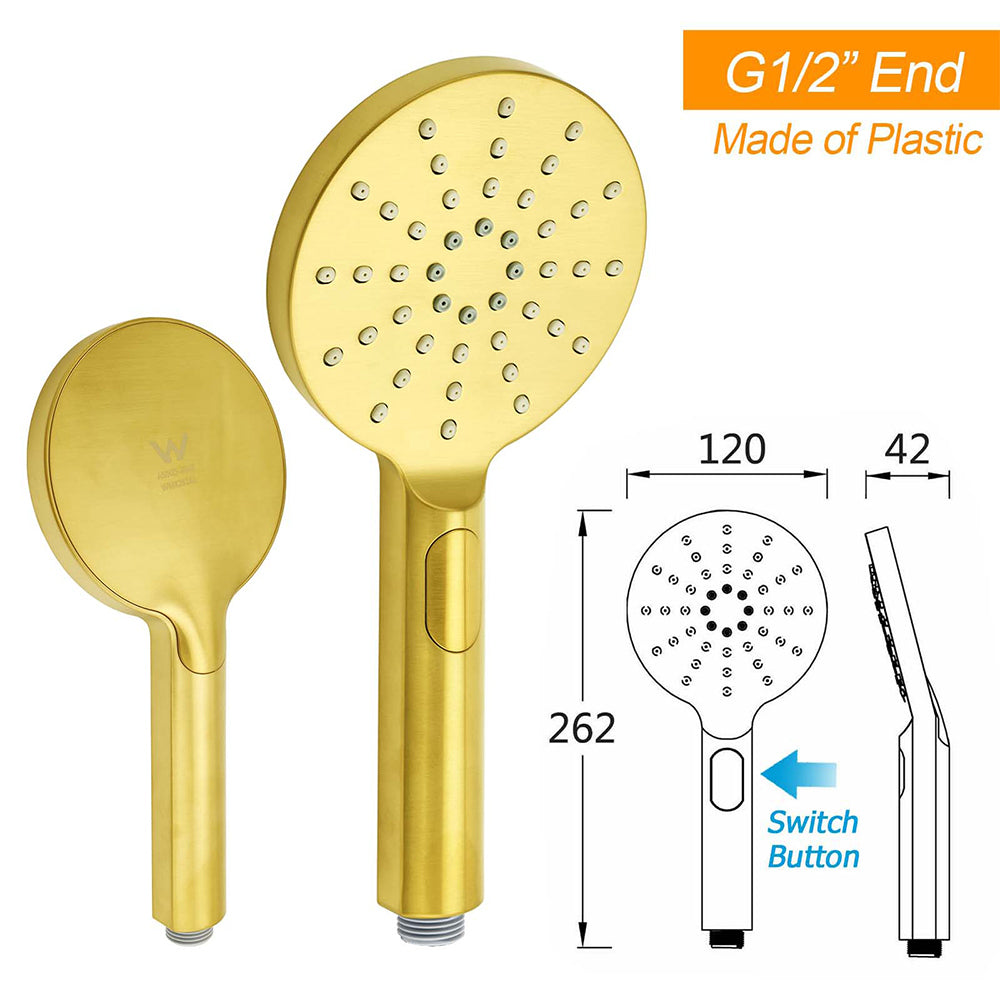 Brushed Gold Round 12" Rain Shower Head 3 Mode Handheld Diverter Wall Arm Set