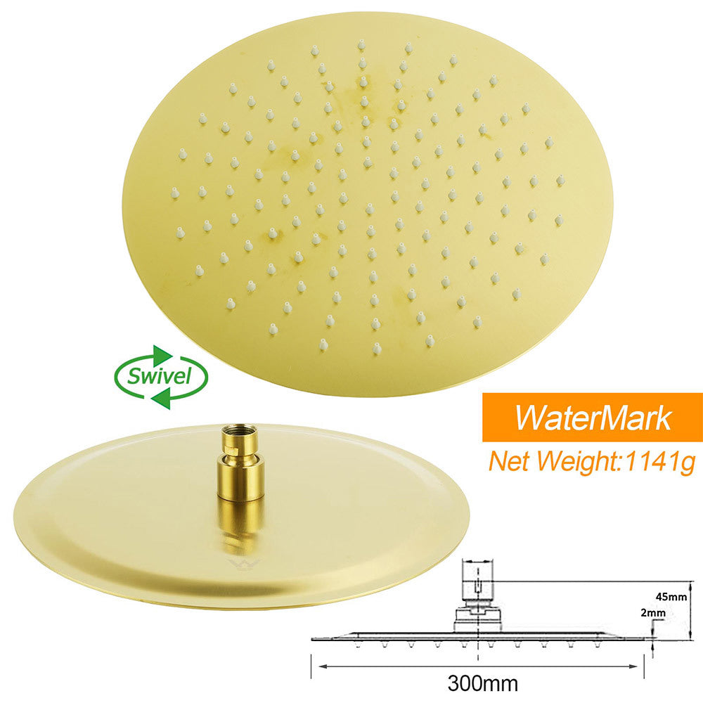 WELS Brushed Gold Round 12" Rain Shower Head Stainless Steel Handheld Diverter Wall Arm Set