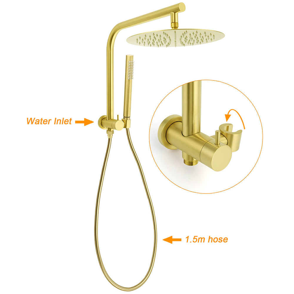 Brushed Gold Round Large 12" Rain Shower Head One Spray Handheld Rose Gooseneck Arm Twin Taps Set