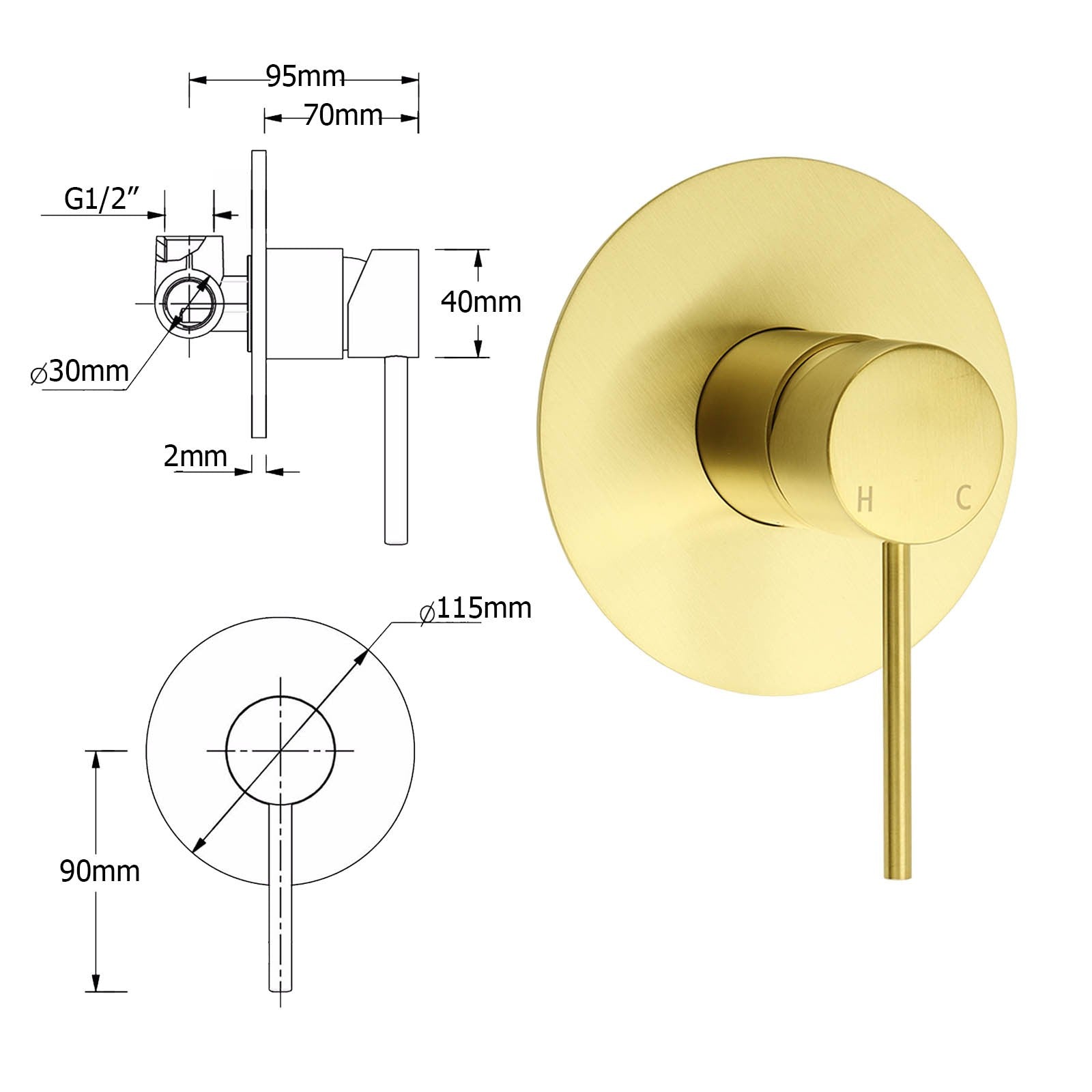 Brushed Gold Round Large 12" Rain Shower Head Stainless Steel Spray Handheld Wall Arm Mixer Set