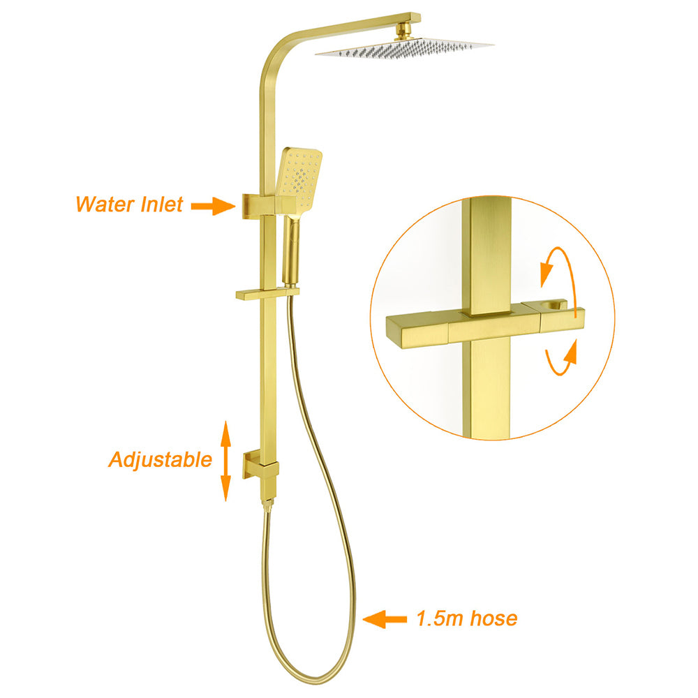 Brushed Gold 2in1 Set 8" Square Rain Shower Head 3 Modes Handheld Silde Rail Arm