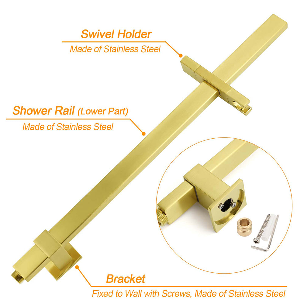 Brushed Gold 2in1 Set 8" Square Rain Shower Head 3 Modes Handheld Silde Rail Arm Twin Taps