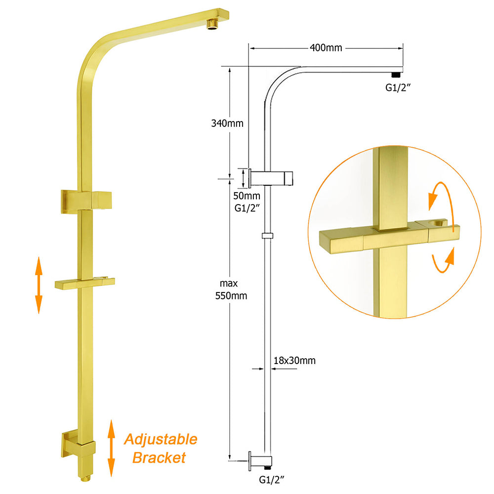 WELS Brushed Gold 2in1 Set 8" Square Rain Shower Head 3 Modes Handheld Silde Rail Arm + Mixer