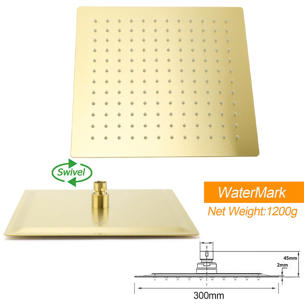 Brushed Gold Square Dual Shower 12" Large Rain Head Handheld Silde Rail Arm 2in1 Set + Mixer