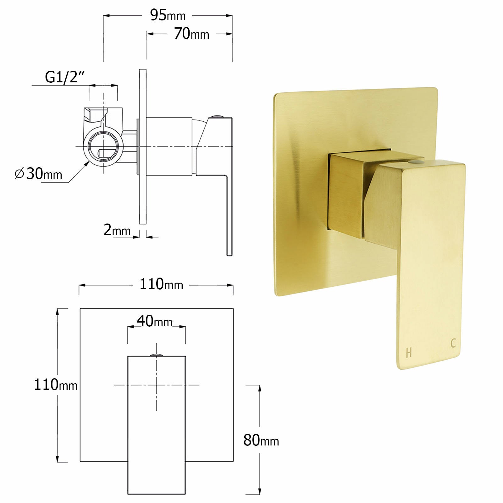 Brushed Gold Square Dual Shower 12" Large Rain Head Handheld Silde Rail Arm 2in1 Set + Mixer