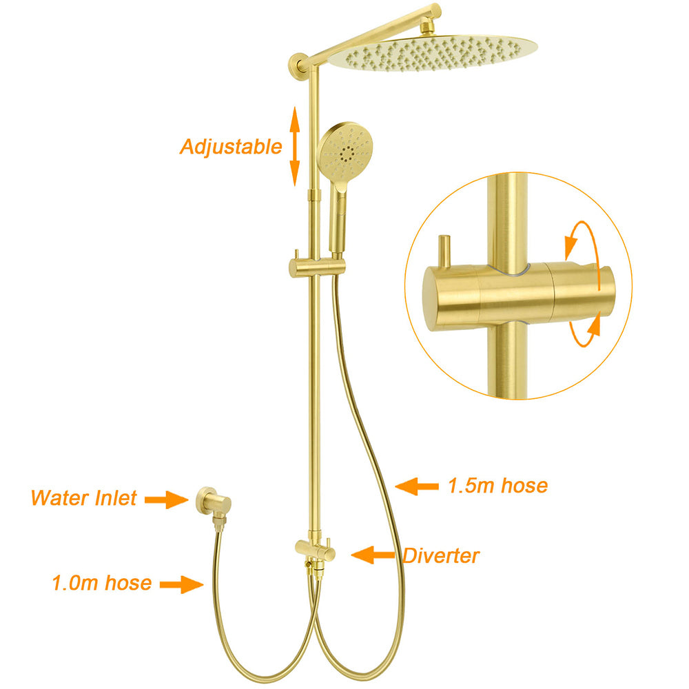 WELS Brushed Gold 2in1 Large Round Shower 12" Rain Head 3 Mode Handheld Sliding Rail Mixer Set