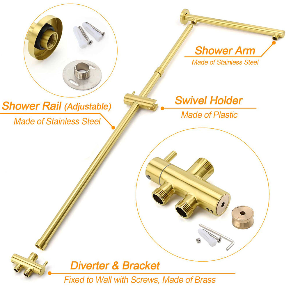 Brushed Gold Square 8" Rain Shower Head 3 Mode Handheld Sliding Rail Arm Dual Diverter Set