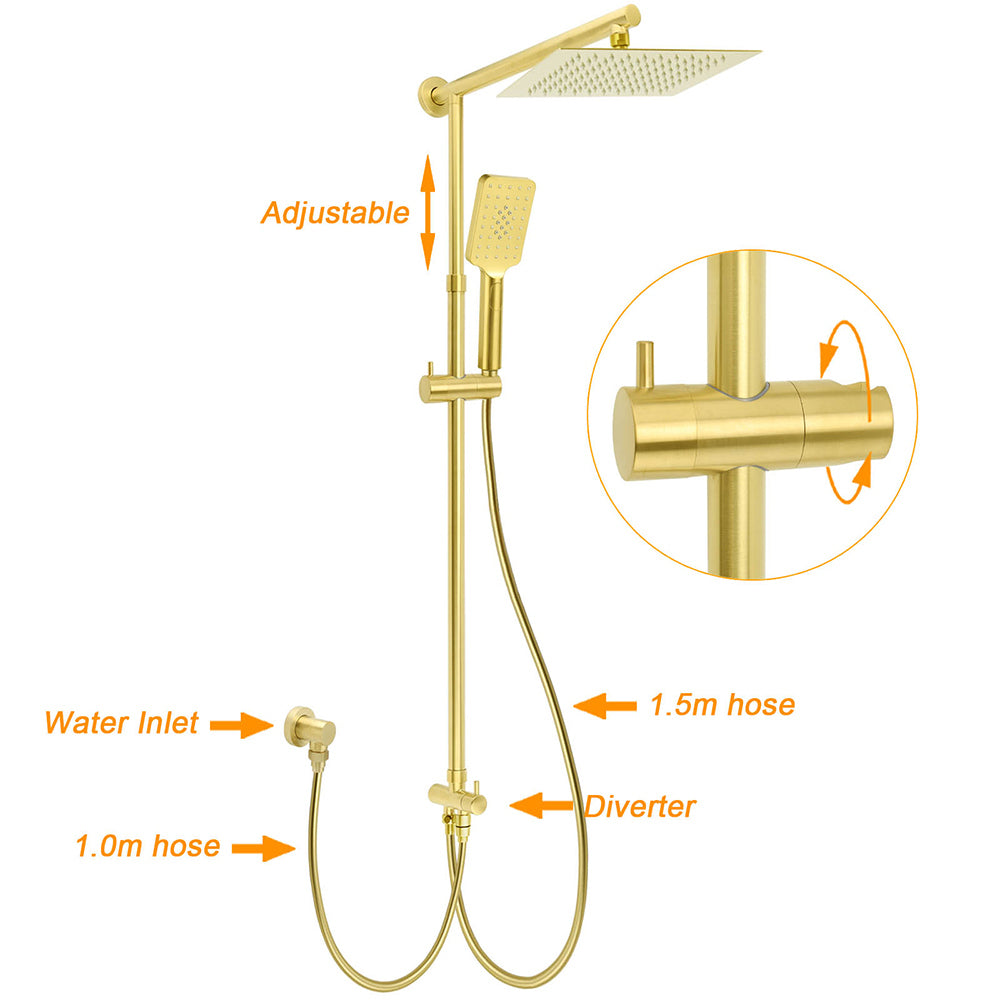 Brushed Gold Square 10" Rain Head 3 Mode Handheld Rose Sliding Rail Arm Dual Shower Set