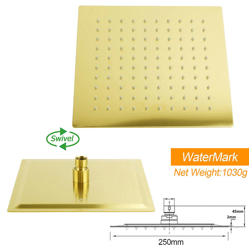 WELS Brushed Gold Square 10" Rain Head 3 Mode Handheld Sliding Rail Wall Mixer 2in1 Shower Set