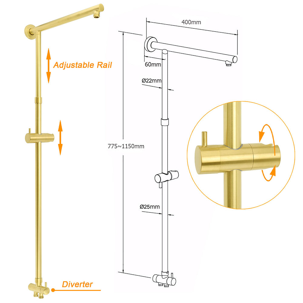 Brushed Gold Square 12" Large Rain Head 3 Mode Handheld Rose Sliding Rail Arm Twin Shower Set
