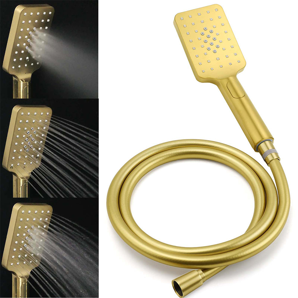 WELS Brushed Gold Square 12" Rainfall Head 3 Modes Handheld Sliding Rail Wall Mixer 2in1 Shower Set
