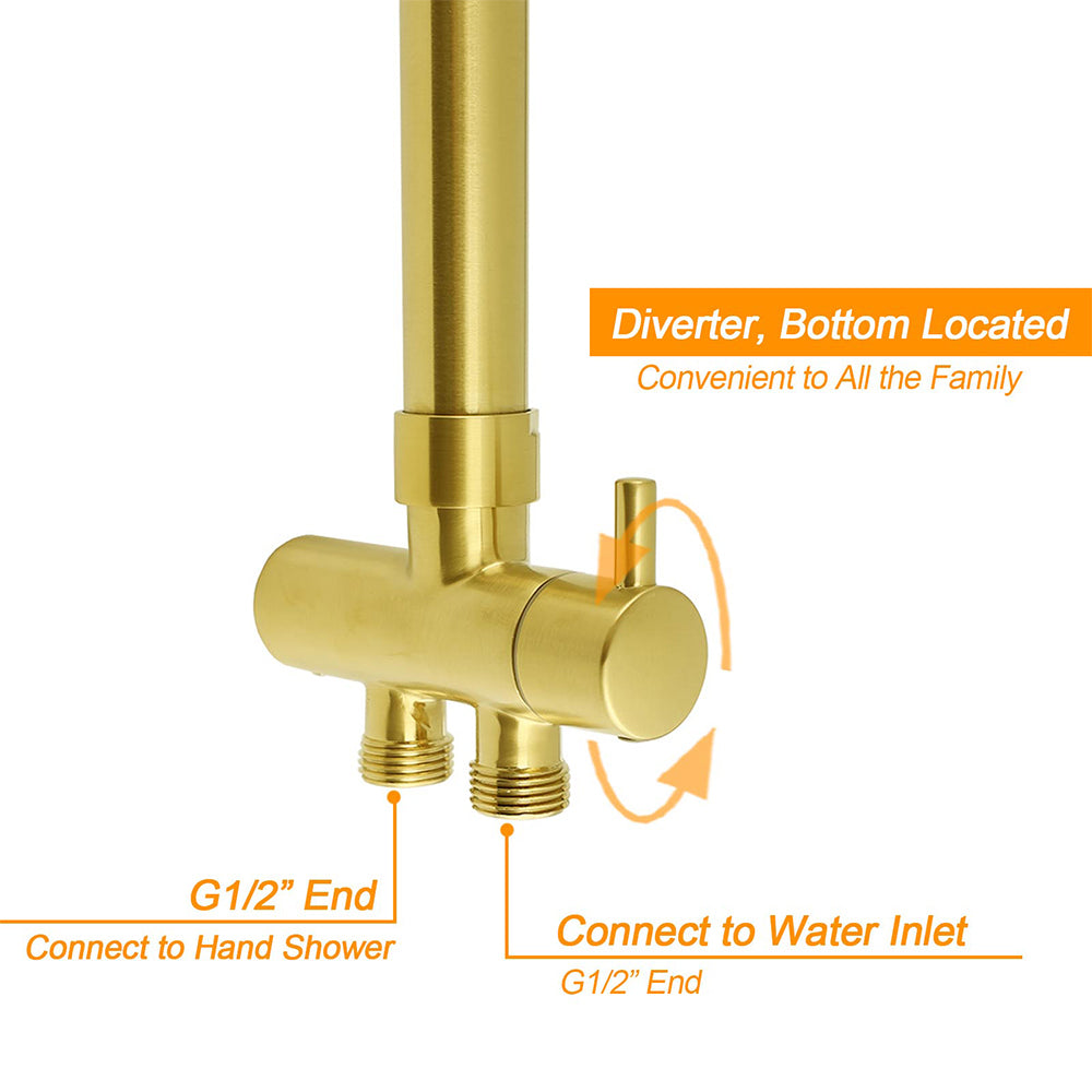 WELS Brushed Gold 2in1 Large Round Shower 12" Rain Head Stainless Steel Handheld Sliding Rail Mixer Set
