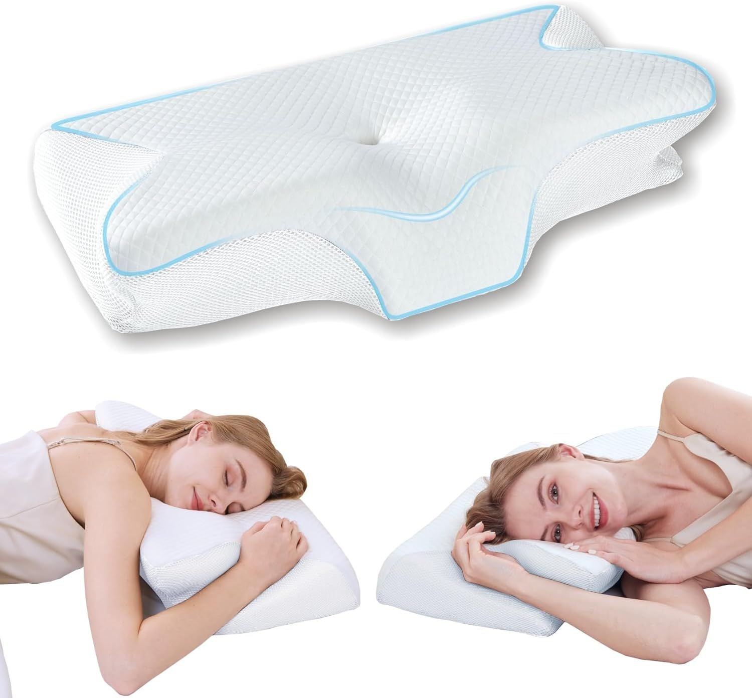 White ergonomic cervical neck pillow with blue edges and contoured memory-foam shape