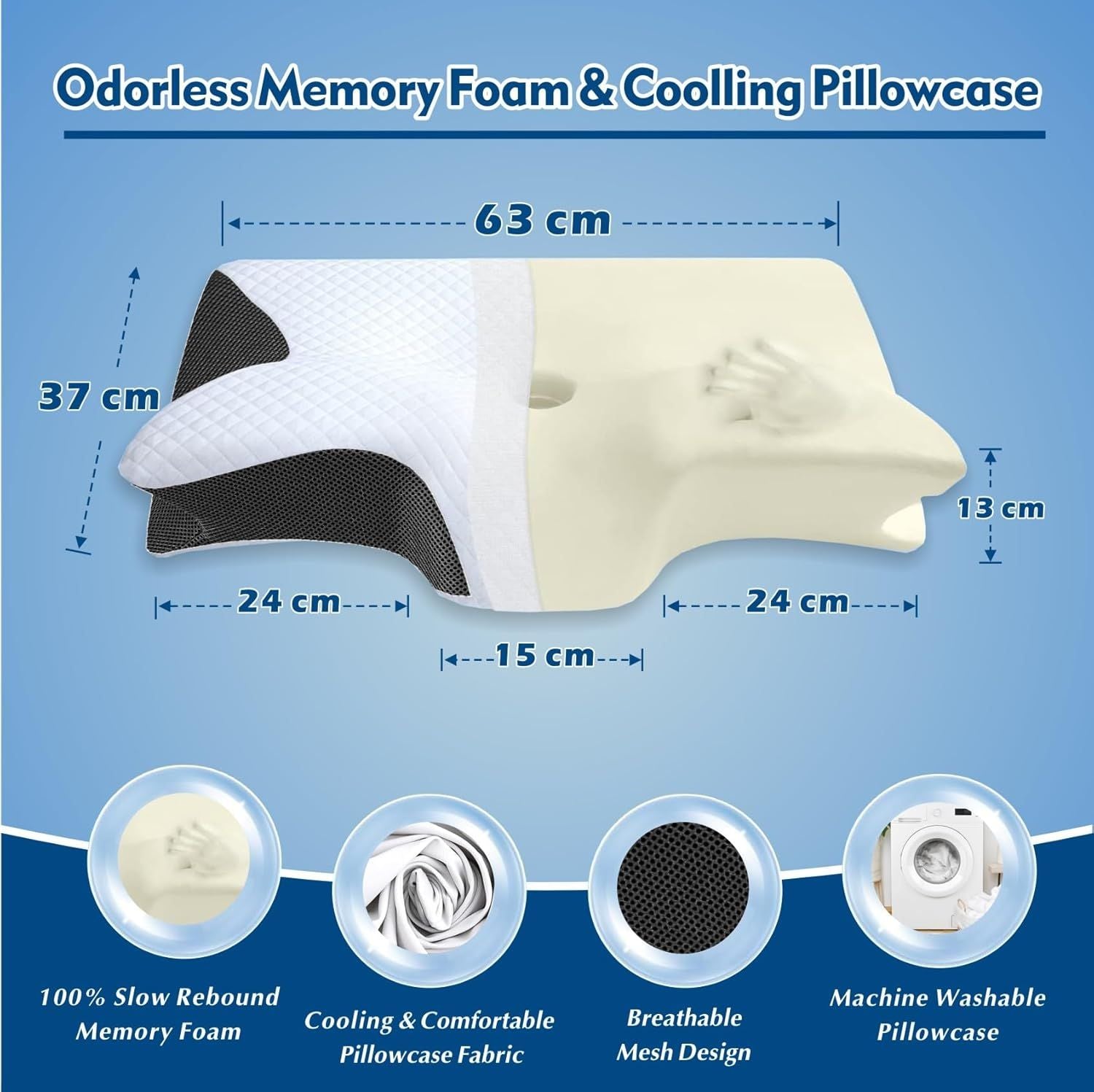 Ergonomic cervical neck pillow with white top and black side cutouts, size diagram