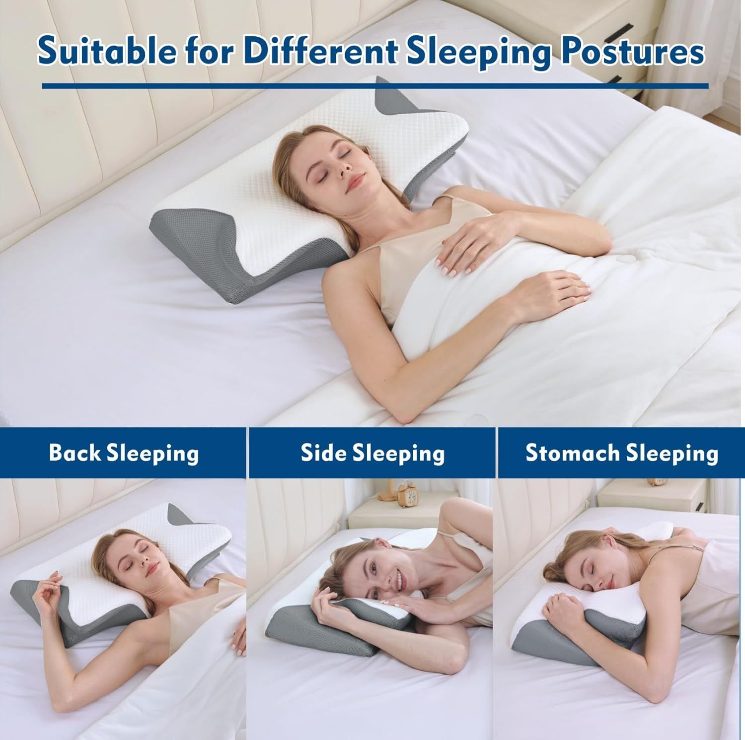 Grey contour neck pillow shown for back, side, and stomach sleeping