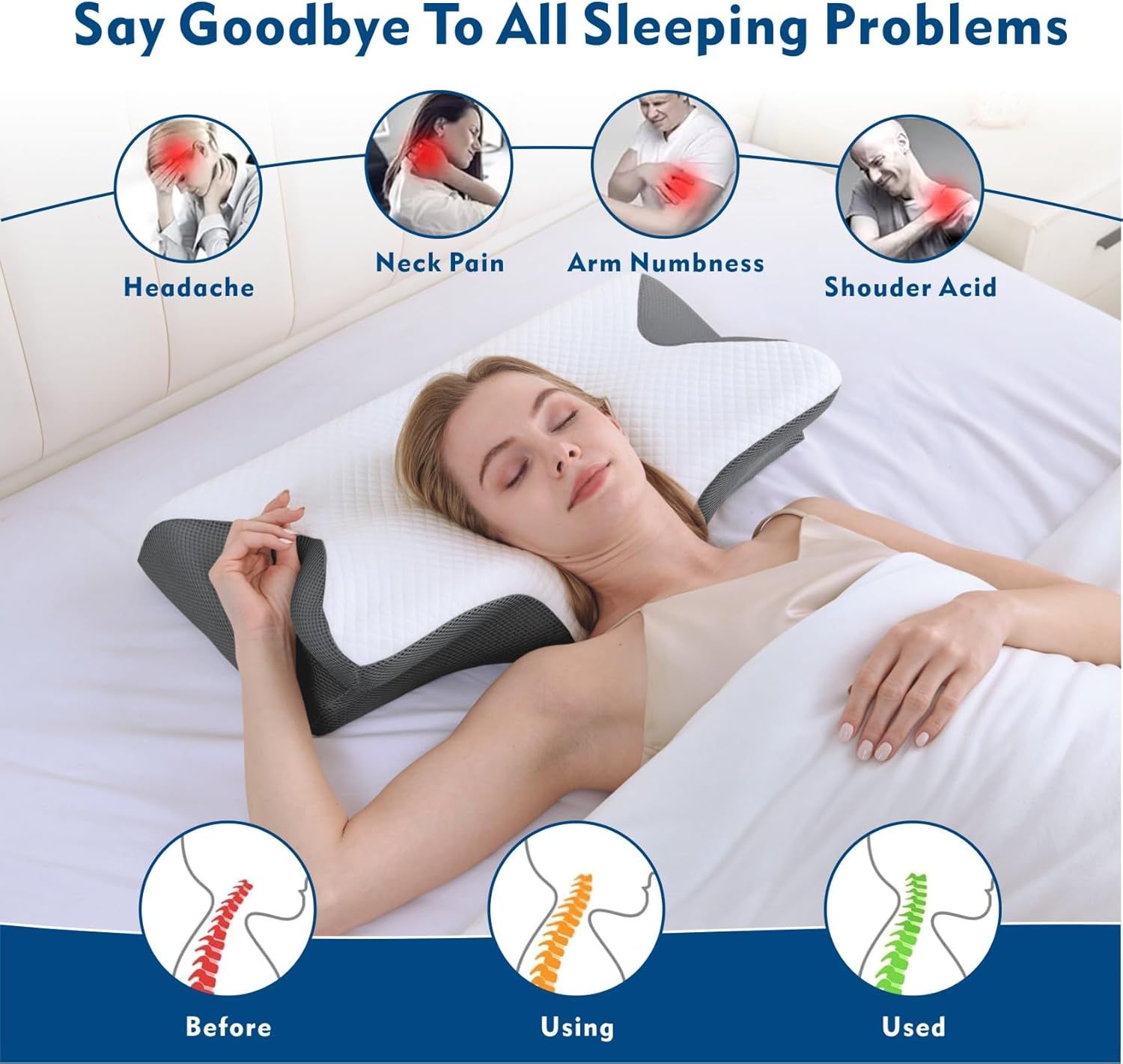 Grey neck pillow supporting head and neck, shown during sleep problems