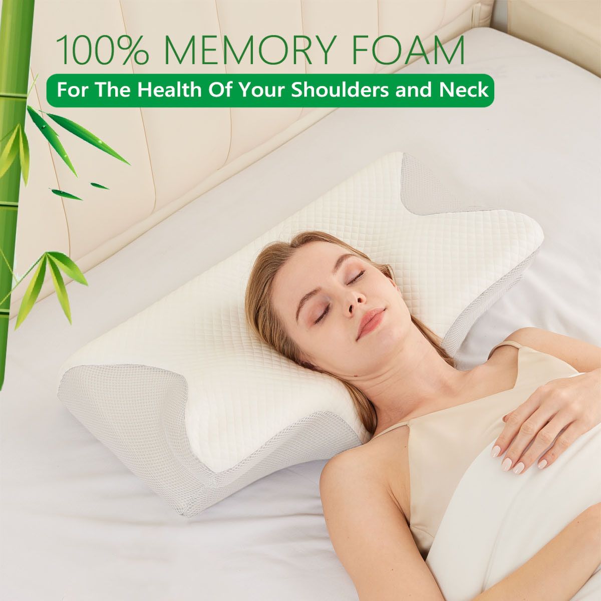 White contoured cervical neck pillow, memory-foam style, for side and back
