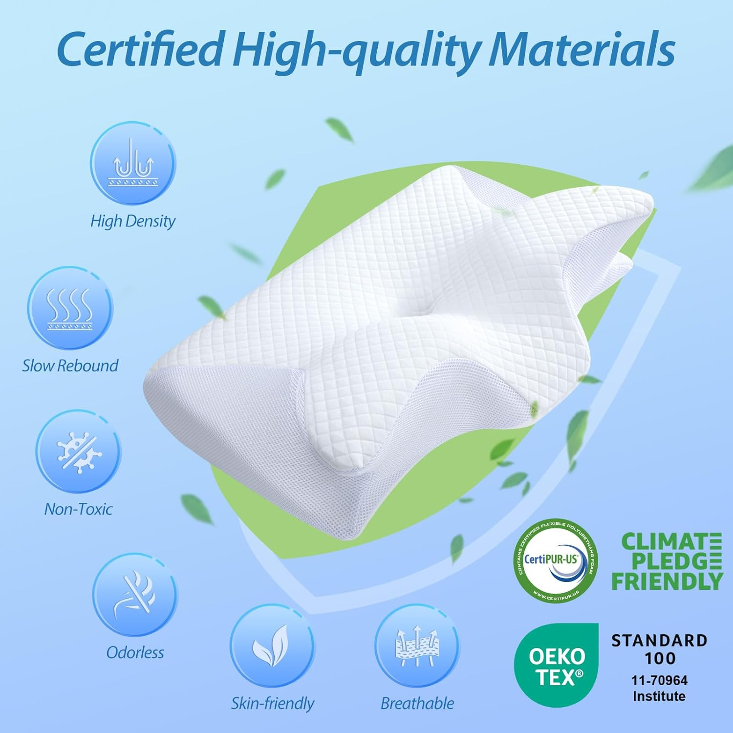 White contoured cervical neck pillow with breathable quilted surface and curved support