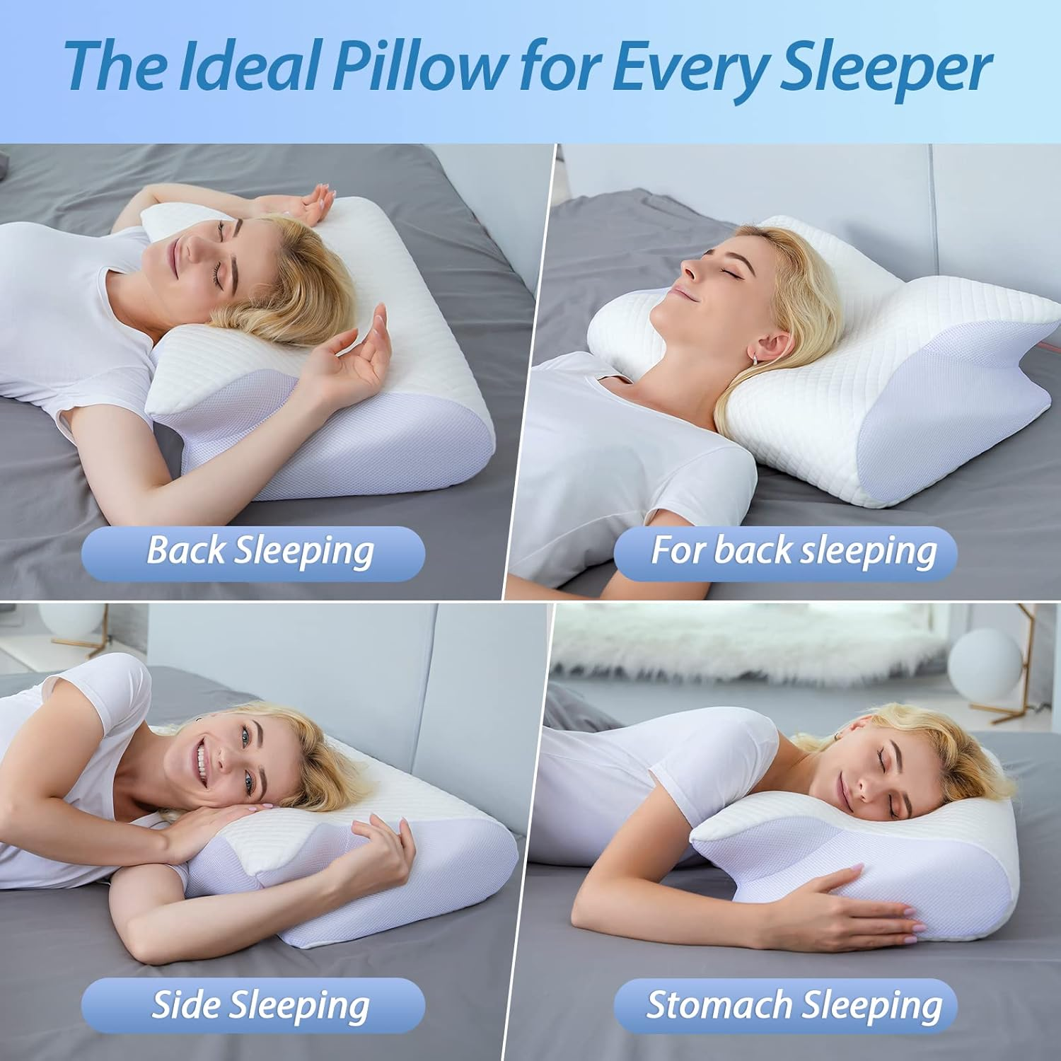 White contoured neck pillow shown for back, side, and stomach sleeping positions
