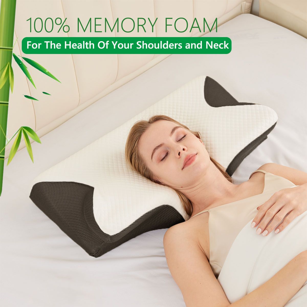 Ergonomic cervical neck pillow with dual contoured memory-foam shapes in white and dark gray