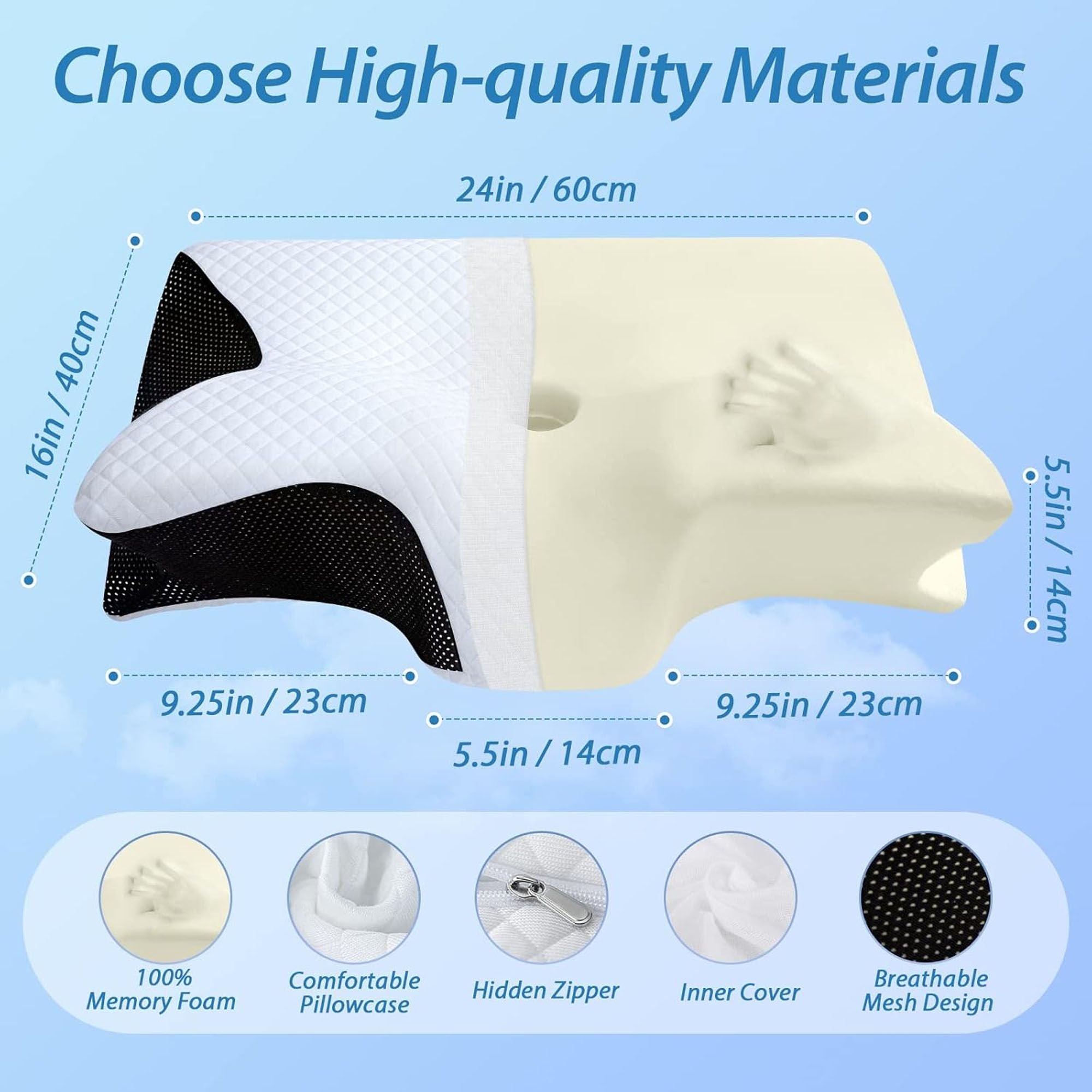 Two-sided cervical neck pillow with white cover and dark gray contoured support inserts