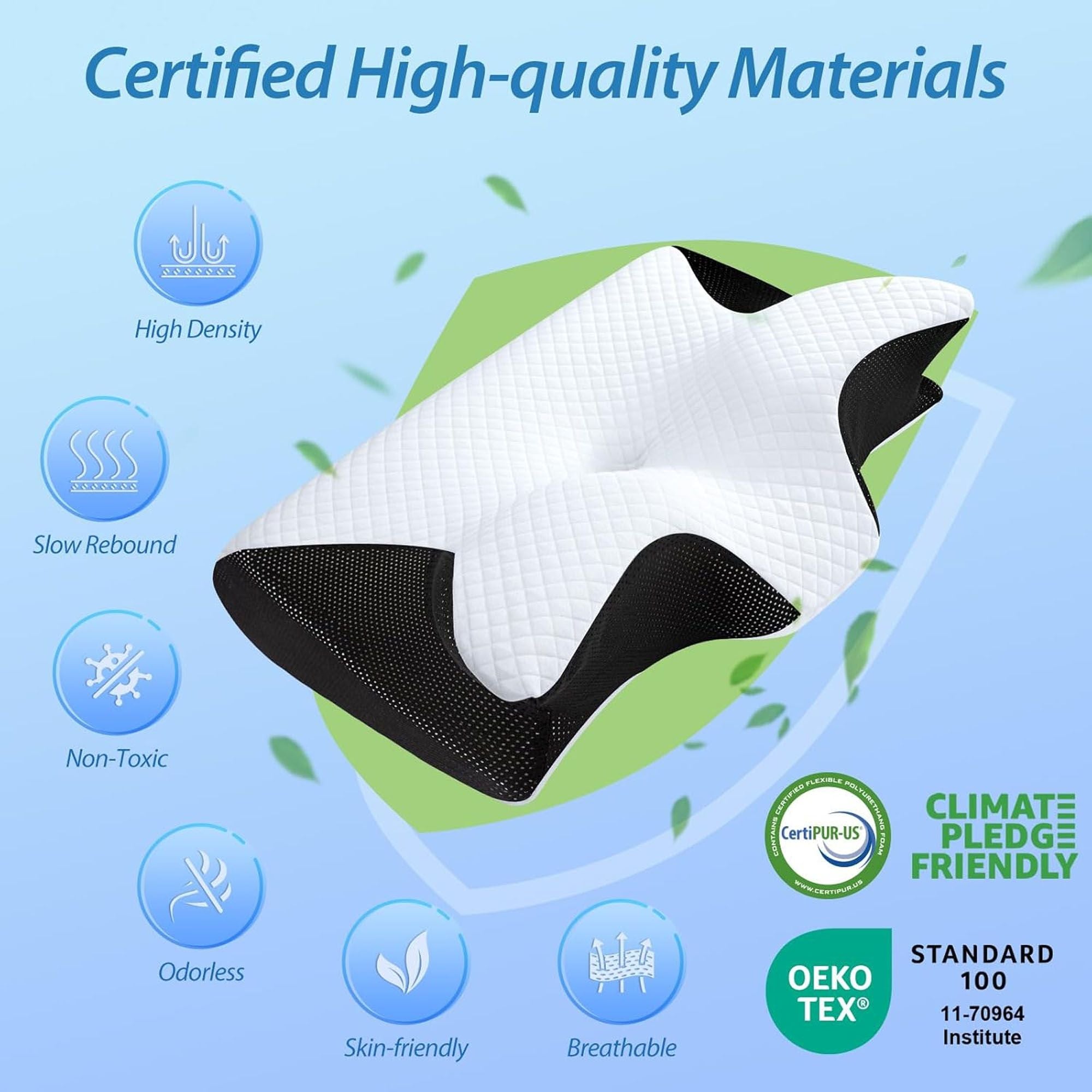 Cervical neck pillow with white textured cover and dark gray contoured support cutouts