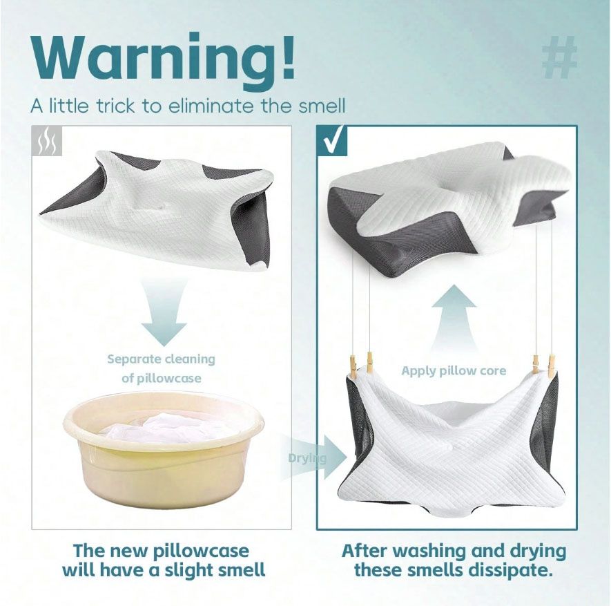 Cervical neck pillow with removable white pillowcase and dark gray support sections