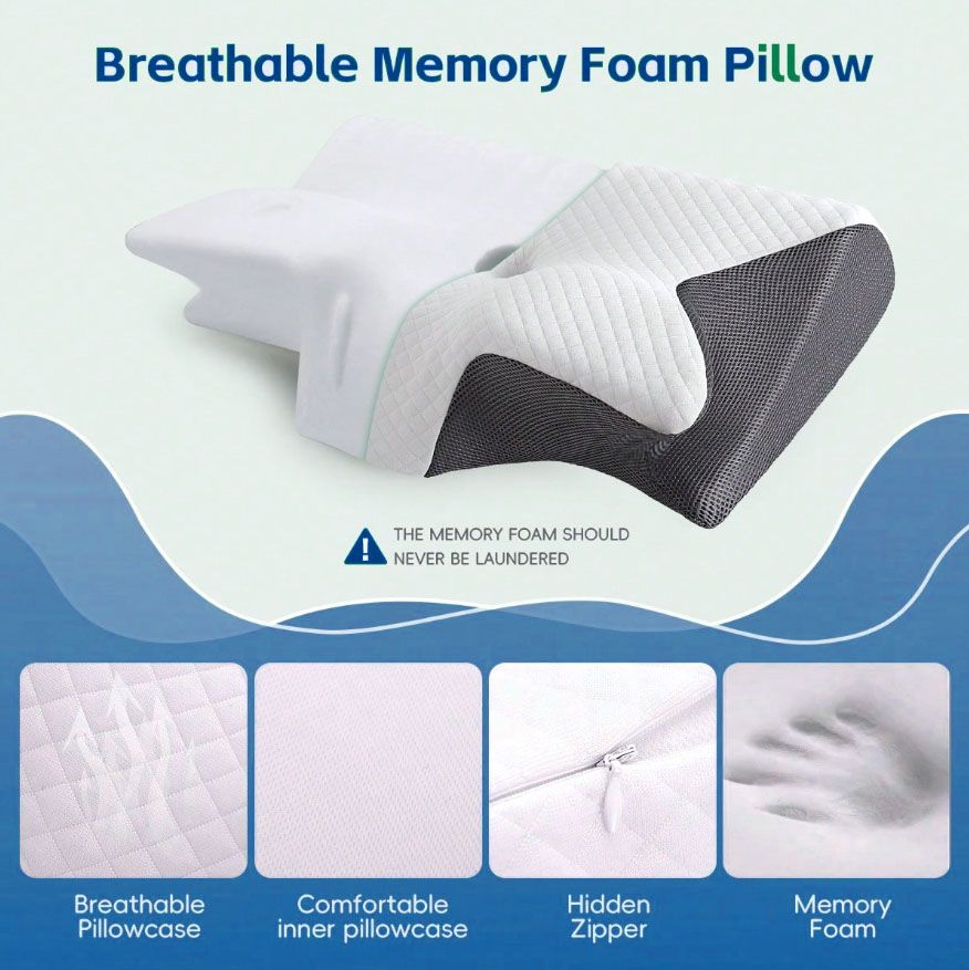 Breathable memory-foam cervical neck pillow in white with dark gray side support