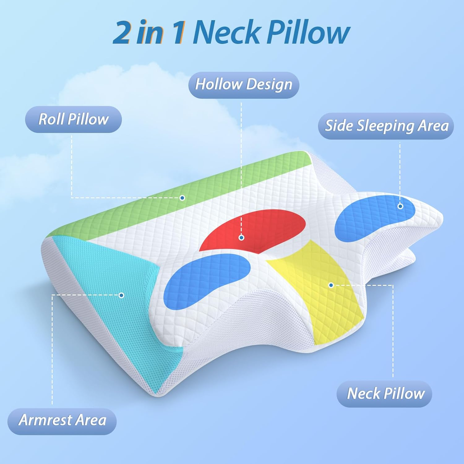 2-in-1 cervical neck pillow with rollable design and contoured support areas