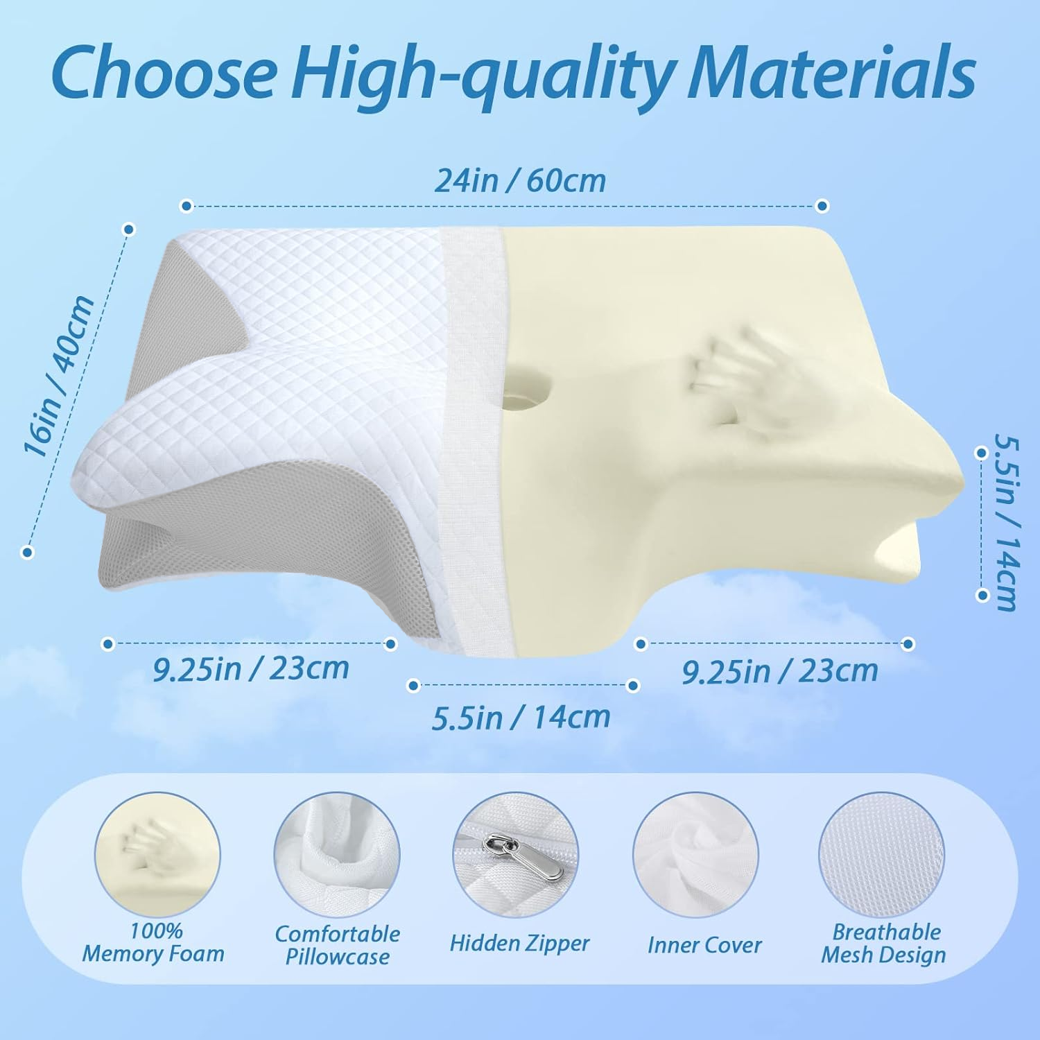 Light gray and white contoured neck pillow with breathable mesh panels and support curves.
