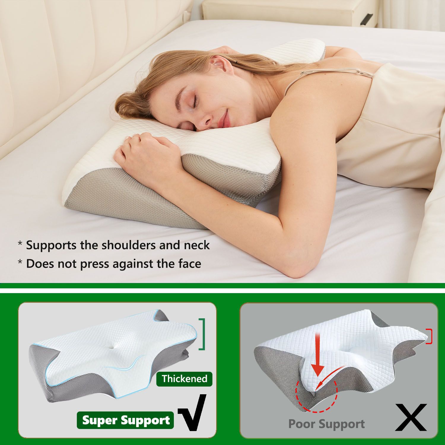 Gray and white cervical neck pillow on a bed, supporting the neck and shoulders.