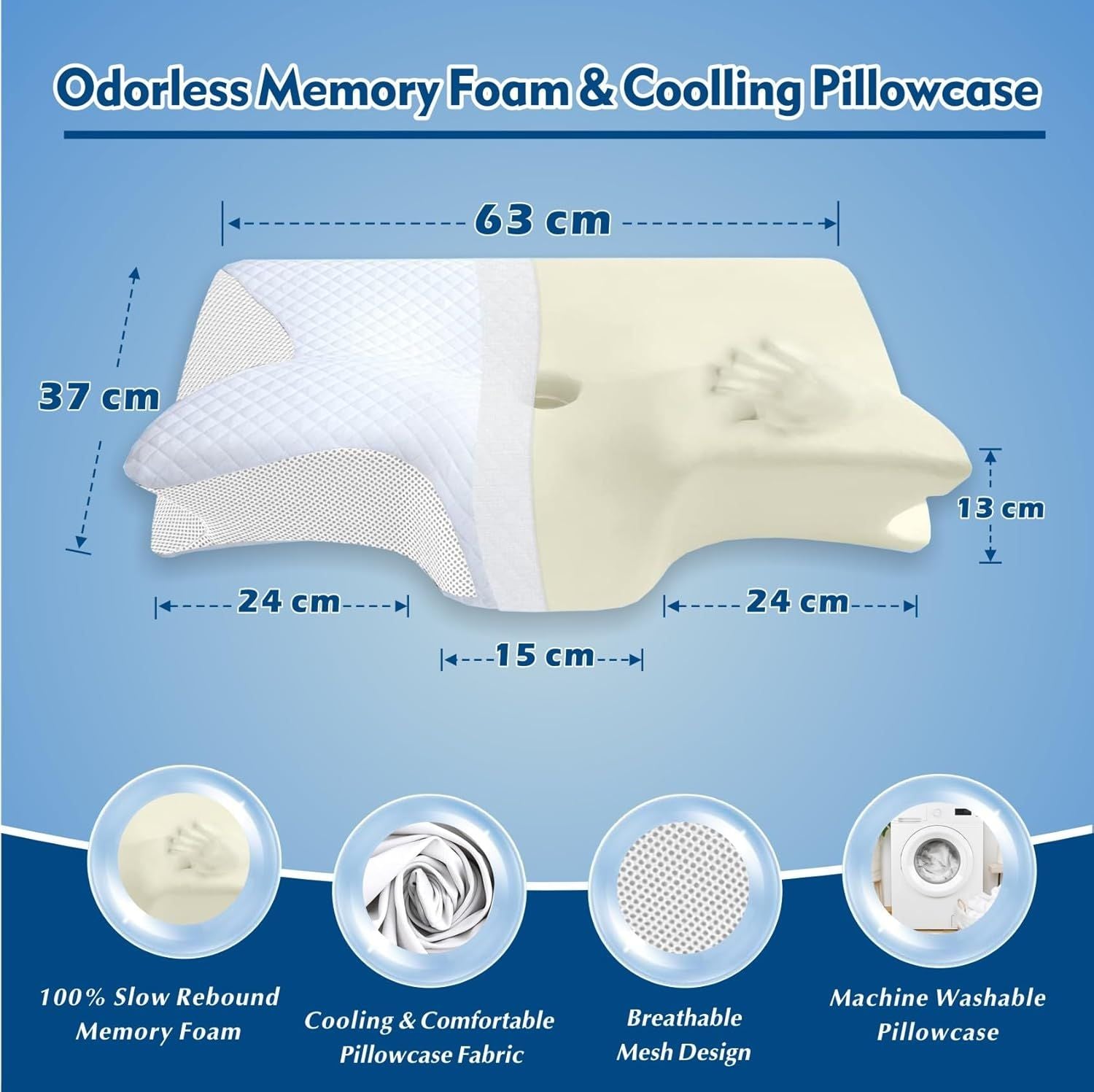 Ergonomic cervical memory-foam pillow, white with blue-edged butterfly contour